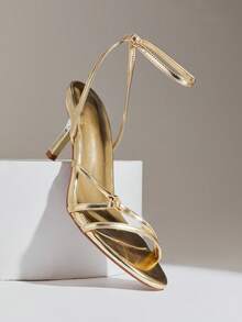 SHUZIA Women's Elegant Minimalist Round Toe Ankle Strap Stiletto Heel Sandals - Gold - View 7