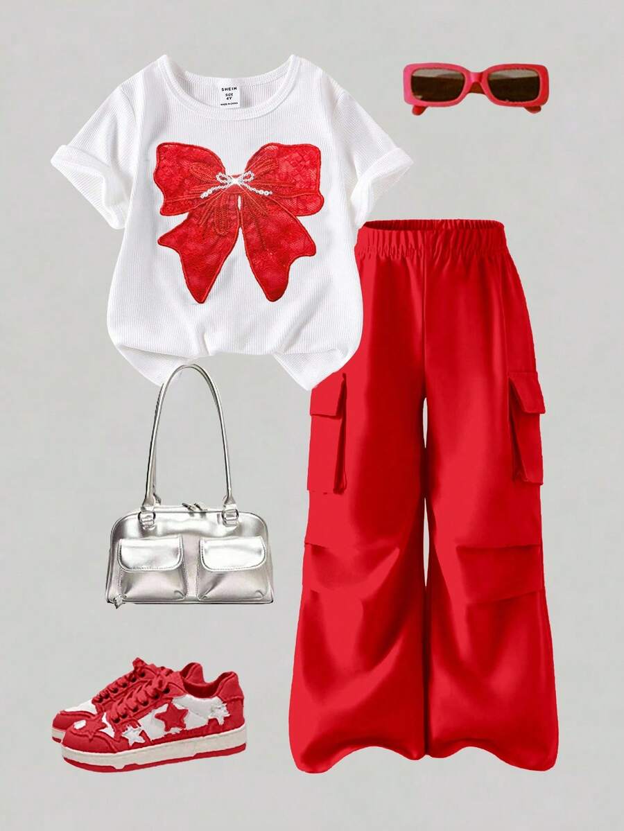 SHEIN ChillGRL Bộ 2 món cho bé gái gồm áo thun ngắn tay màu trắng và quần cargo màu xanh dương đính sequin và nơ, trang phục mùa hè thời trang. - Đỏ - Xem 1