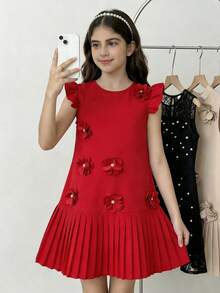 SHEIN Tween Girls Elegant Summer Red Flower Girl Dress,Sleeveless Crew Neck Knee-Length A-Line Silhouette,3D Floral Appliques,Flutter Sleeves Pleated Design - Red - View 3