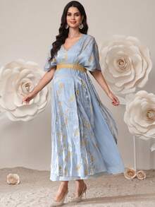 SHEIN Elegant Party Embroidered Maternity Dress With Cape - Blue - View 8