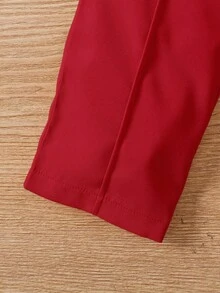 SHEIN Elladie kids 三件套少女春秋季派对套装，包含无袖背心、阔腿裤和长袖高领上衣，时尚休闲装，粉色无袖纽扣背心+舒适针织高领上衣+阔腿裤，欧美风少女服装套装 - 紅色 - 查看 5
