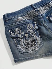 ROMWE Avant Quần short denim siêu ngắn dành cho nữ cỡ lớn, thêu hình đầu lâu và cánh chim theo phong cách Y2K cổ điển. - Màu xanh lam - Xem 1