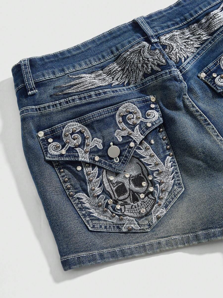 ROMWE Avant Quần short denim siêu ngắn dành cho nữ cỡ lớn, thêu hình đầu lâu và cánh chim theo phong cách Y2K cổ điển. - Màu xanh lam - Xem 1