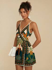 Travachic Casual Minimalist Vacation Bohemian Elegant Retro Parrot & Palm Tree Pattern Olive Green & Beige Print, Comfortable Loose Tie-Up Strap Mini Dress For Women, Suitable For Spring/Summer Tropical Print Dress Resort Dress Tropical Vacation Dress Spring - White - View 5