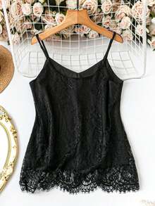 SHEIN LUNE Áo camisole nữ màu trơn, chất liệu ren, dáng regular fit, thanh lịch, cơ bản mặc hàng ngày. - màu đen - Xem 2