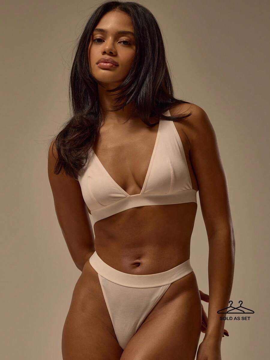 MUSERA ESSENTIALS V形三角弹力下摆可调节肩带文胸和高腰弹力细节透视丁字裤多件套装，冬季舒适居家休闲可爱性感日常居家必备春夏度假休闲必备 - 粉色 - 查看 1