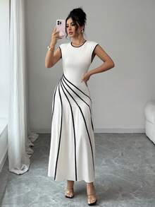 Elenzga Women's Elegant Sleeveless Dress With Contrast Piping Waist Detail, Summer - Apricot - View 3