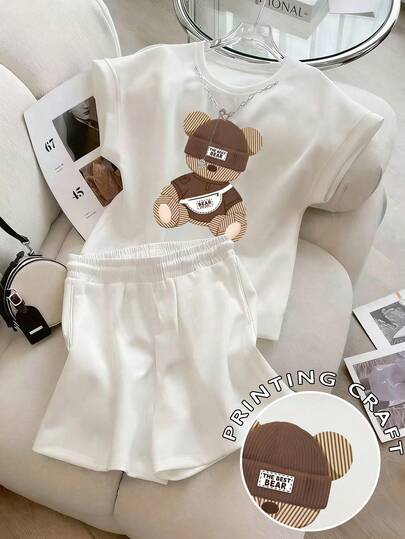 Resyla 2pcs Women Casual Printed Round Neck Short Sleeve Top And Solid Color Shorts Set