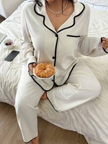 Dream Adore 大码女式泡泡纹理撞色翻领宽松长袖睡衣套装 - 杏色 - 查看 4