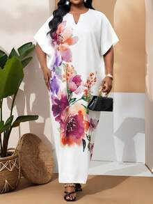SHEIN Lady 女士V领短袖宽松口袋印花连衣裙 - 彩色 - 查看 4