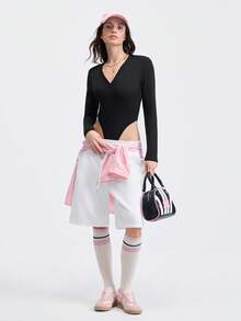 Loungeista 1pc Autumn/Winter Brushed Jumpsuit, V-Neck Button Closure Slimming Casual Yoga Activewear Outerwear Thermal Versatile Women Bodysuit - Black - View 6