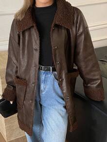 DAZY 女士翻领大口袋人造毛皮内衬常规款外套，秋冬款 - 卡其色 - 查看 3