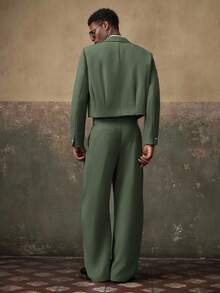 AKNOTIC 2pcs Men's Woven Casual Loose Fit Long Sleeve Jacket And Straight Leg Pants Set - Army Green - View 3