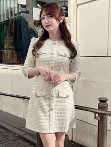 FRIFUL 女士圆领纽扣设计七分袖优雅情人节派对连衣裙 - 米色 - 查看 7