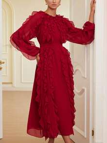 Aveloria Rosie Đầm dài tay màu đỏ trơn sang trọng kiểu châu Âu, chất liệu chiffon cao cấp, xếp lớp, cổ bèo nhún, eo thắt, dành cho nữ. - Màu Đỏ Sâu - Xem 4