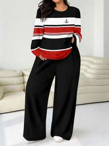 SHEIN EZwear Set da 2 pezzi per taglie comode: maglietta ampia a collo tondo e pantaloni a gamba dritta - Multicolore - Visualizzare 1