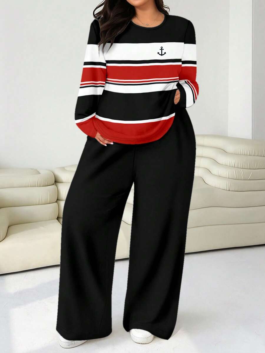 SHEIN EZwear Set da 2 pezzi per taglie comode: maglietta ampia a collo tondo e pantaloni a gamba dritta - Multicolore - Visualizzare 1