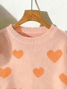 Franclia Áo len cổ tròn dài tay hở vai họa tiết trái tim cho nữ, áo len thu đông, áo len trái tim màu cam, áo len nữ, áo len dễ thương, áo len trái tim màu hồng - Nhiều màu - Xem 4
