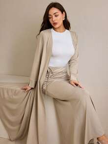 Graceveil 女士长款开衫和褶裥腰身紧身裙阿拉伯风格套装 - 卡其色 - 查看 6