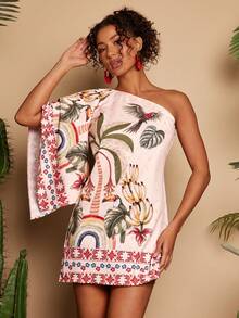 Travachic Women's Tropical Plant Print Fashionable Mini Halter Dress, Suitable For Vacation - Multicolor - View 1