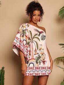 Travachic Women's Tropical Plant Print Fashionable Mini Halter Dress, Suitable For Vacation - Multicolor - View 4