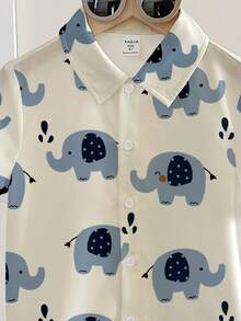 Boys' Casual Loose Comfortable Daily Wear Short Sleeve Shirt, Classic Cute Cartoon Elephant Print, Suitable For Spring/Summer - Multicolor - View 3