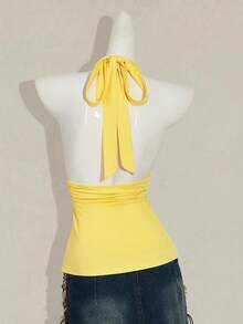 SHEIN ICON Halloween Women's Halter Backless Black Babydoll Tank Top - Yellow - View 2