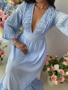 Franclia Robe longue à manches longues avec taille froncée et lien - Bleu azur - Voir 5