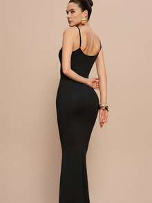 Leighera Women's Summer Slim Strap Bodycon Dress, Ladies Sexy Backless, Criss Cross Sleeveless Spaghetti Strap Slim Fit Long Black Plain Cami Women Long Dresses, Spring/Summer, Party/Nightclub Outfits Maxi Women Outfit - Black - View 3