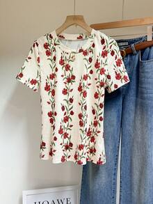 SHEIN Frenchy Women's Red And White Letter Print Round Neck Short Sleeve T-Shirt,Summer Vintage Everyday Retro Style Heat Transfer Heart Texture Soft Fabric Top - Multicolor - View 4