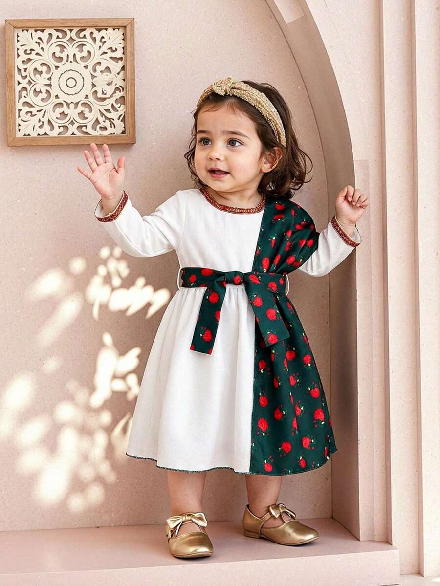 Vestido de manga larga con cintura ceñida, decoración con flecos de colores para bebé niña, moda primavera/otoño - Blanco - Ver 1