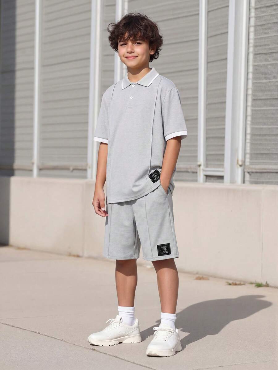 Vacaura 2件套青少年男童休闲灰色撞色袖口及logo装饰Polo衫套装，适合日常、通勤、休闲和运动穿着 - 灰色 - 查看 1