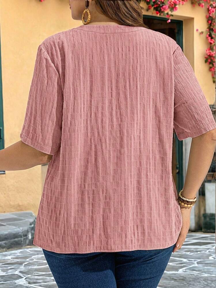 Plus Size Summer Casual Solid Color Notched Neck Shirt