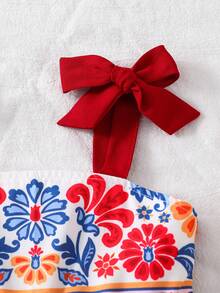 SHEIN Young Girl Woven Print, Bowknot Floral Pleated Camisole Dress - Red - View 7
