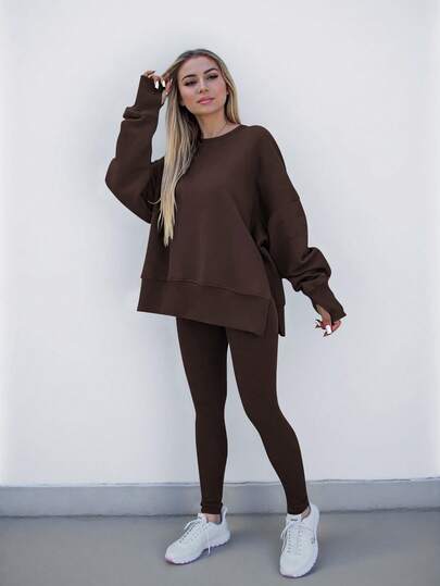 INAWLY Plus Size Women Solid Color Round Neck Drop Shoulder Long Sleeve Sweatshirt And Pants Casual 2 Piece Set Capybara Brown