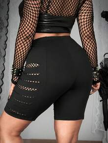 Whyspr 破洞网眼拼接七分弹力紧身裤 - 黑色 - 查看 2