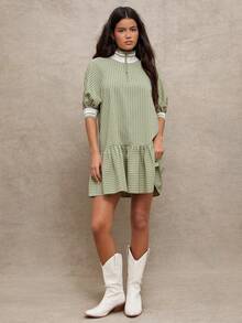 WESTFADE 混纺针织条纹梭织短泡泡袖层叠荷叶边迷你Polo连衣裙 - 綠色 - 查看 3