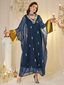 Layrah Women's Elegant Pearl Embroidered Floral Patchwork Contrast Color Luxurious Dress - Royal Blue - View 6