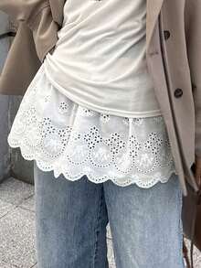 FRIFUL Chân váy xếp lớp thêu rỗng màu trơn dáng thường ngày dành cho nữ, thích hợp cho mùa xuân. - Màu be - Xem 7