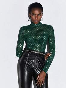 Maija 2026 Spring & Summer Women's Sheer Mesh Black Bodysuit With Crystal Details, Elegant Office/Casual Wear, Suitable For Urban Commute, Business, Summer, Valentine's Day - Dark Green - View 8