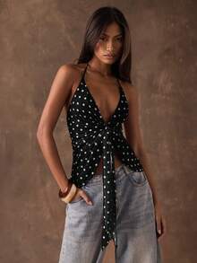 SHEIN BAE 女士浪漫度假性感复古波点荷叶边系带V领露背吊带背心，适合假日约会、下午茶、海滩、邮轮、城市度假、婚礼季、音乐节、波西米亚风度假 - 黑色 - 查看 4