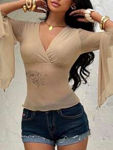 EgrlEra Women's Sexy Mesh Embroidered Deep V Sensual T-Shirt - Khaki - View 7