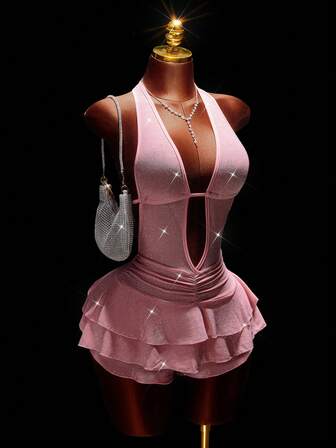 Amplova Glänsande rosa jumpsuit för kvinnor, sexig och avantgardistisk, lämplig för alla hjärtans dag-dejt, halterneck jumpsuit med rygglös utskärning och asymmetrisk fåll