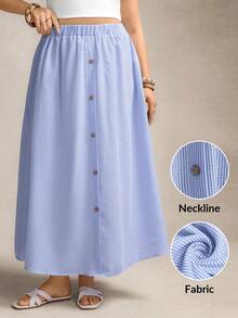 Zelara 夏季加大码女式小豹纹长裙，前中纽扣装饰，夏季女装，夏季度假女裙，长款半身裙，夏季蓝色半身裙，浅蓝色半身裙，夏季长裙，棉质半身裙，条纹半身裙，孕妇半身裙，中长半身裙，纽扣半身裙，休闲半身裙，浅蓝色中长半身裙，前开襟纽扣半身裙 - 藍白色 - 查看 4