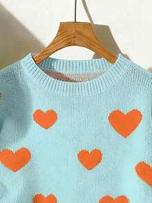 Franclia Suéter casual de hombros caídos con estampado de corazones, otoño/invierno - Multicolor - Ver 4