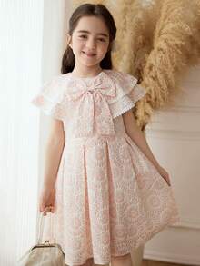 Elladie kids Đầm hè cao cấp kiểu Pháp mới cho bé gái, cổ Peter Pan hai lớp xếp nếp, trang trí nơ 3D, khóa kéo sau lưng, thắt eo, đầm công chúa bồng bềnh, thích hợp cho biểu diễn, bé gái dự tiệc cưới, tiệc tùng. - Hồng - Xem 4
