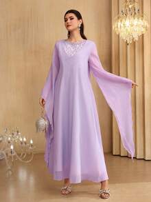 SHEIN Najma Beaded Decor Extra Long Sleeve Maxi Tunic Dress, Turkish & Arabic Traditional Style - Purple - View 6