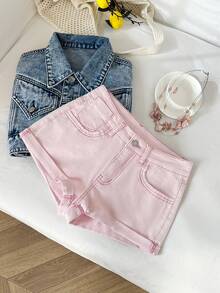 Elamini Y2K 女士低腰弹力束口水洗牛仔短裤 - 淺粉色 - 查看 5