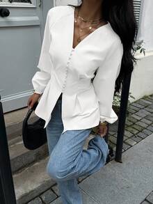 Siren Gaze Áo nữ cổ chữ V tay phồng xếp ly eo, màu trơn, kiểu dáng thường ngày, công sở, đa năng, mùa xuân/thu. - trắng - Xem 1