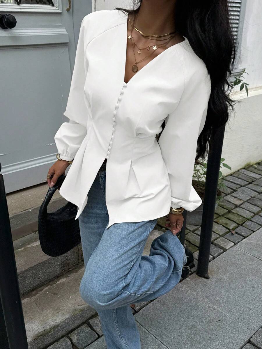 Siren Gaze Áo nữ cổ chữ V tay phồng xếp ly eo, màu trơn, kiểu dáng thường ngày, công sở, đa năng, mùa xuân/thu. - trắng - Xem 1